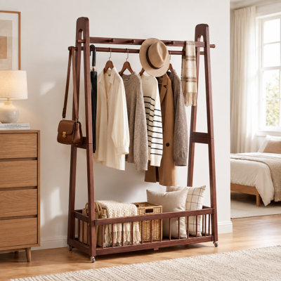 Portant à vêtements en bois massif avec panier de rangement, portant autoportant avec barre de suspension et crochets, portant à vêtements à roulettes pour chambre, entrée, salon, finition noyer