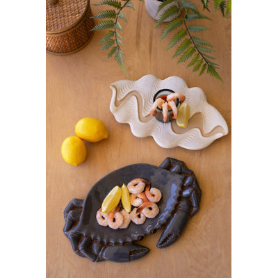  Ceramic Serving Platter Blue Crab Design Decorative Serveware for Tabletop Decor Blue Glazed Finish