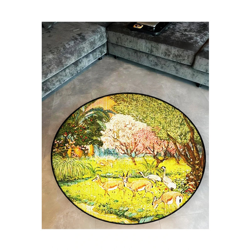 Green Deer And Forest Patterned Round Woven Base Vintage Decorative Carpet, Round 2'8"