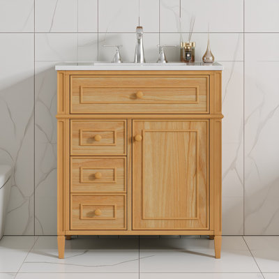 30" Bathroom Vanity with Sink, Wood Vanity Cabinet with Flip-Out Drawer, 2 Soft-Close Drawers, 1 Soft-Close Door Rack, Solid Wood & MDF, Wood Color