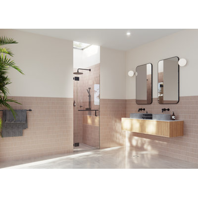Mimas 34.75 in. x 78 in. Fully Frameless Glass Hinge Towel Bar Shower Door