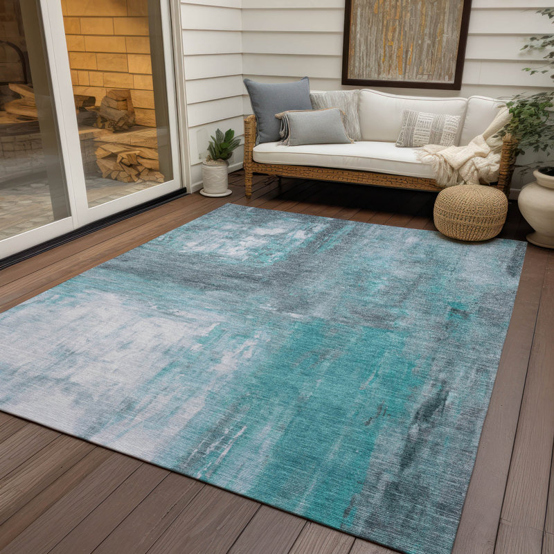 Teal and Gray Abstract Washable Synthetic Rug, 2'6" x 3'10"