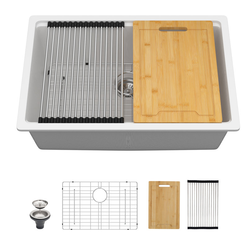 28" L x 19" W Granite Composite Undermount Kitchen Sink Single Bowl Quartz Ledge Workstation Sink with Accessories, White