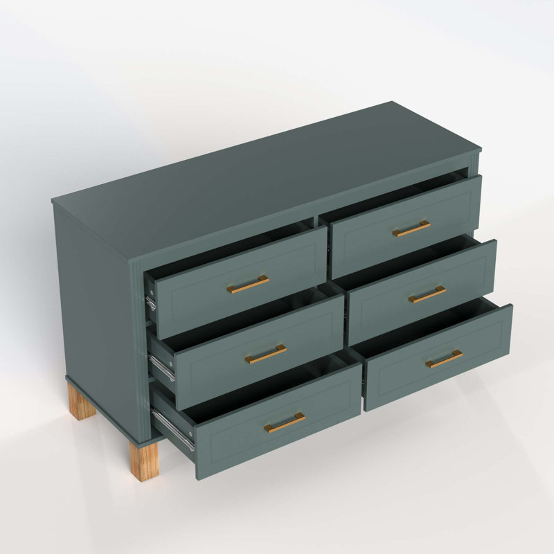 Commode moderne à 6 tiroirs avec poignées en métal et pieds en bois massif, Bleu