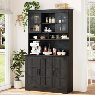 Grand garde-manger noir avec portes en verre, huche, rangement de 70,9 po, station de charge intégrée, support à vin et armoire de salle à manger - noir moderne