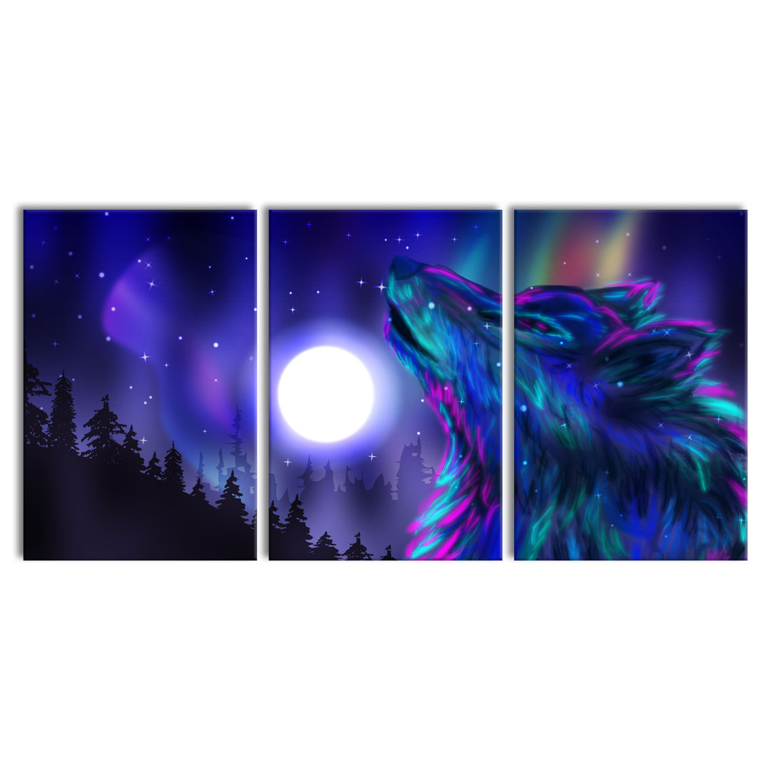 3-tlg. Leinwandbilder-Set Abstrakter Wolf mit Mond