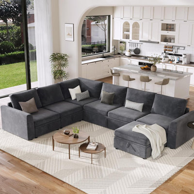 Canapé-lit modulaire avec lit escamotable, canapé modulaire en U chenille avec canapé escamotable et siège de rangement et repose-pieds, divans convertibles pour le salon