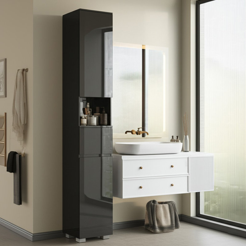 High Glossy Slim Bathroom Cabinet. Storage Cabinet With Drawer And Adjustable Shelves, Narrow Linen Cabinet For Bathroom, Laundry, And Living Room, Black