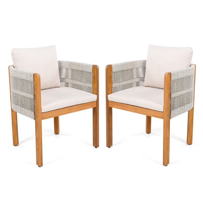 Ensemble de 2 chaises d'extérieur en bois d'acacia avec poignées en corde, coussins lavables et imperméables, capacité de 400 lb