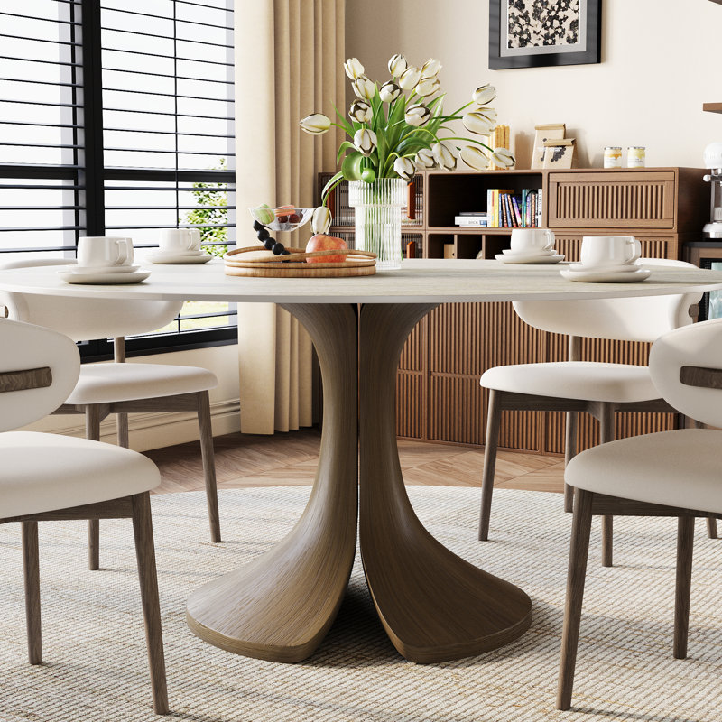 Aurora 47‘’/53‘’/59‘’ Farmhouse Round Sintered Stone Dining Table - Sculptural Solid Hardwood Pedestal For 4-8