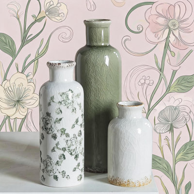 Ensemble de 3 vases en céramique émaillée craquelée rétro, vases rustiques de style champêtre chinois, centres de table décoratifs, vert