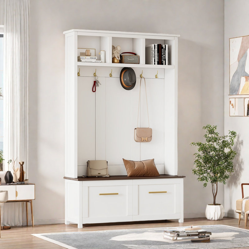 Versatile 4-in-1 Hall Tree With Coat Rack & 6 Golden Hooks, Wood Grain Bench, 2 Drawers And Metal Handles, White