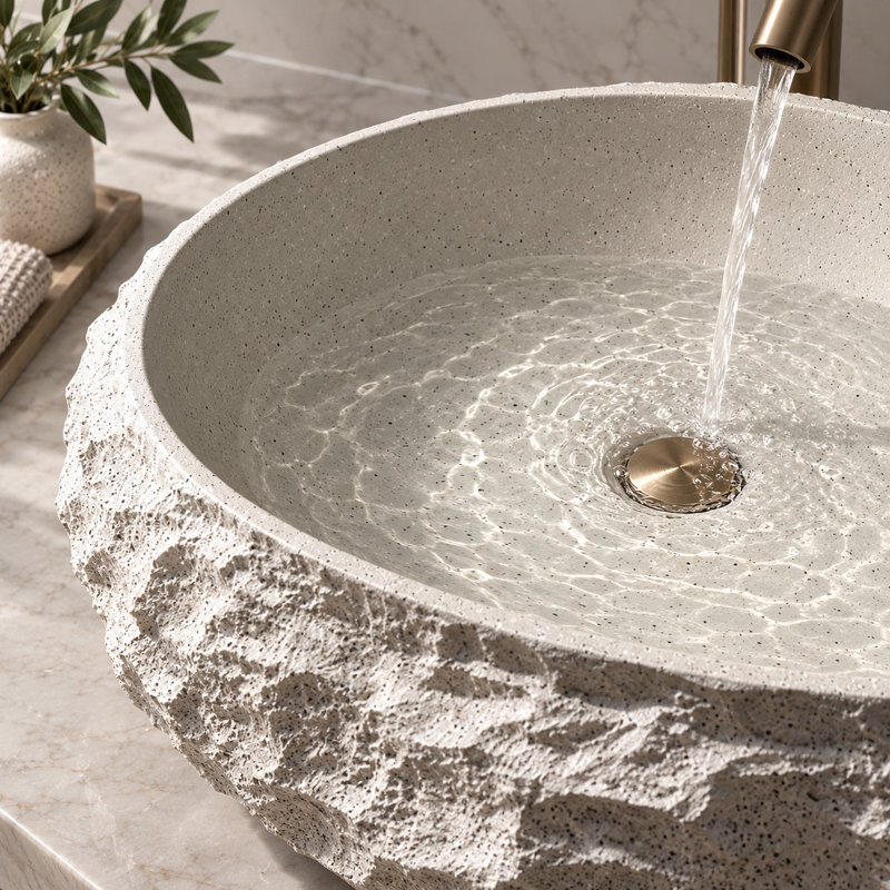 Vasque à poser de 48 cm en résine blanche avec veinage en marbre doré et extérieur sculpté imitant la pierre., Marbre blanc