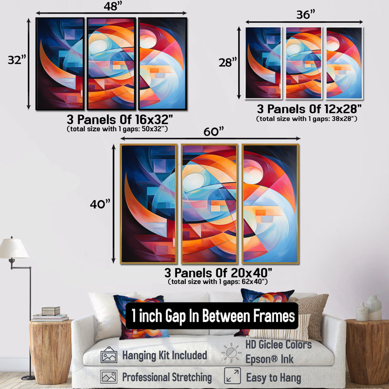 Ensemble de salon art mural géométrique rouge pleine lune, H 40 po x l 60 po x P 1 po, Encadrement argenté