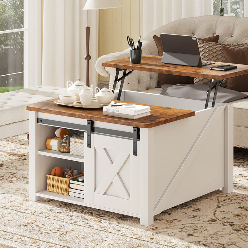Table basse à plateau relevable 31,5 po avec rangement caché et porte de grange coulissante, Blanc