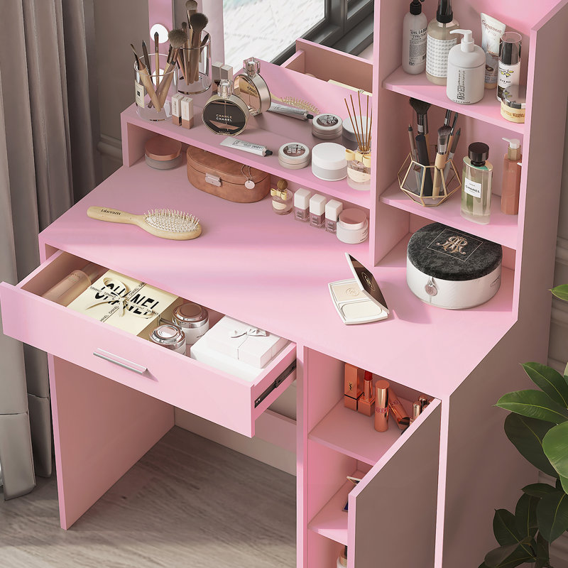 Bureau de coiffeuse avec miroir et lumière, commode de rangement à trois niveaux avec grand tiroir, 3 modes d'éclairage à luminosité réglable, coiffeuse de chambre à coucher