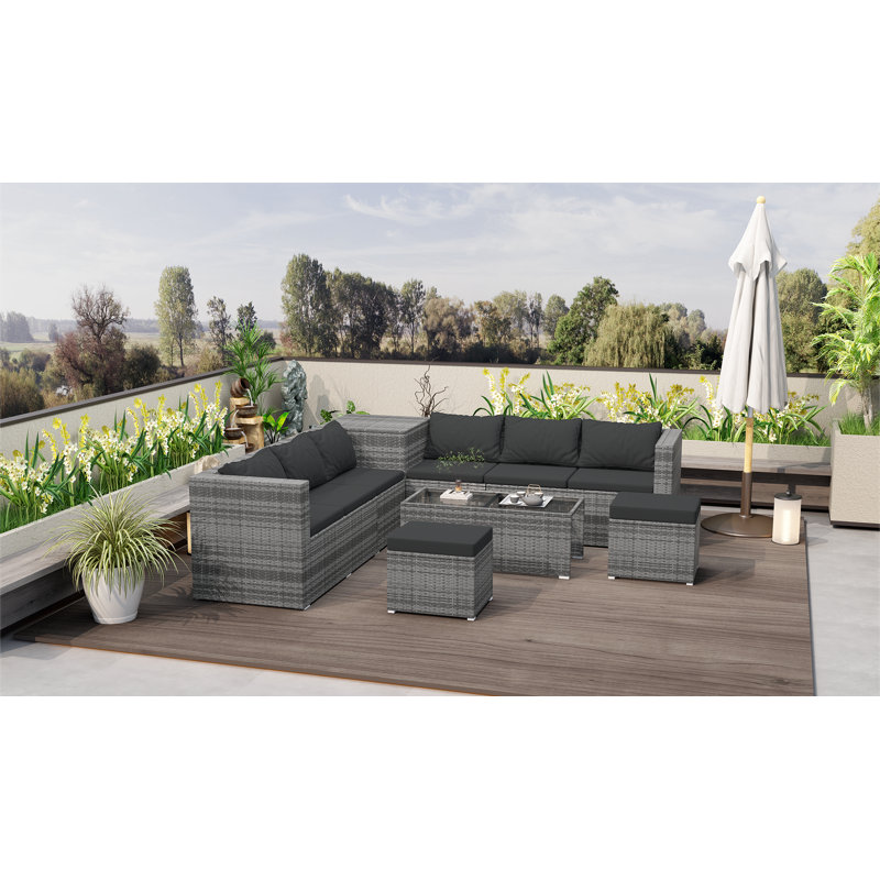 Ensemble de canapé modulaire de patio 8 pièces gris avec boîte de rangement et plateau de table en verre transparent