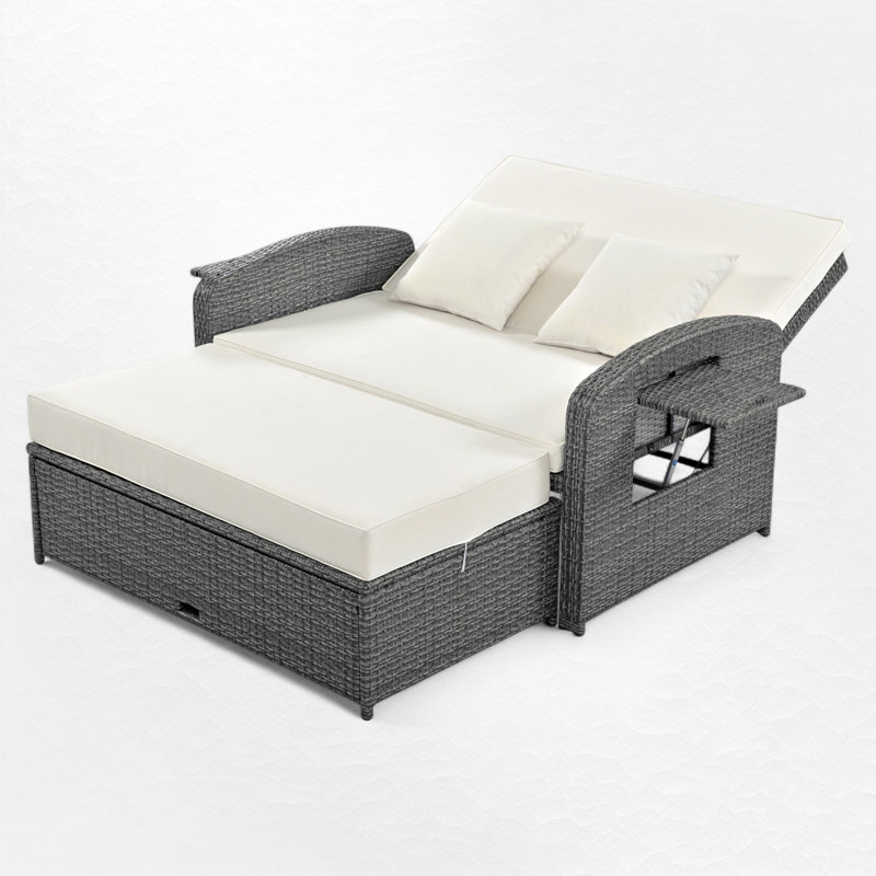 Rober Wicker Rattan Double Chaise Lounge, 2-Person Reclining Daybed with Adjustable Back and Cushions, Free Furniture Protection Cover