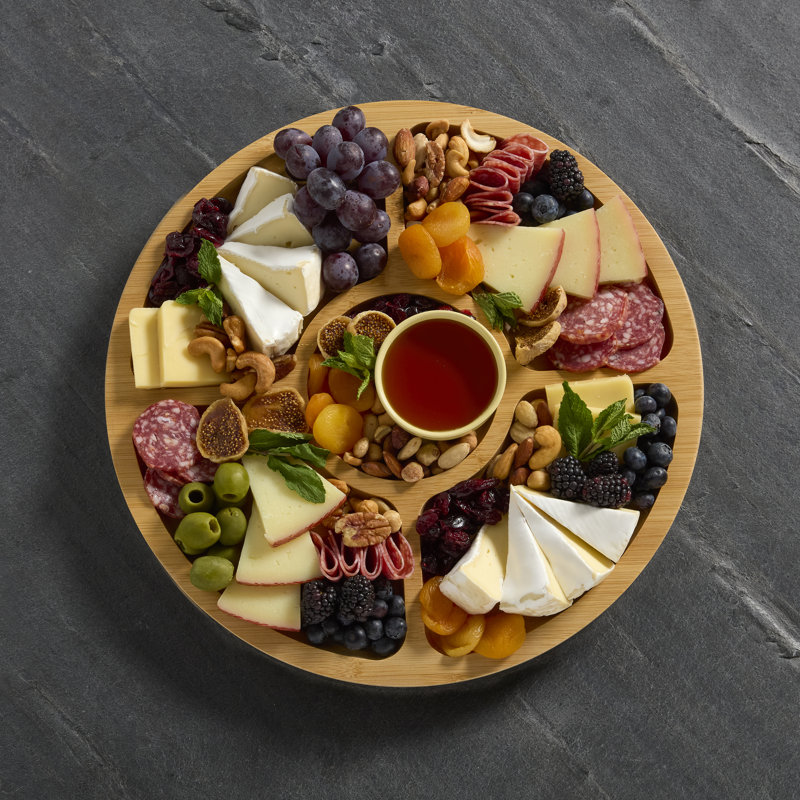 Farberware Build-a-Board Bamboo Serving Board, Round Snack Board with 5 Dividers, Clear BPA-Free Lid and Black Secure Snap Locking Handles, 35.5cm