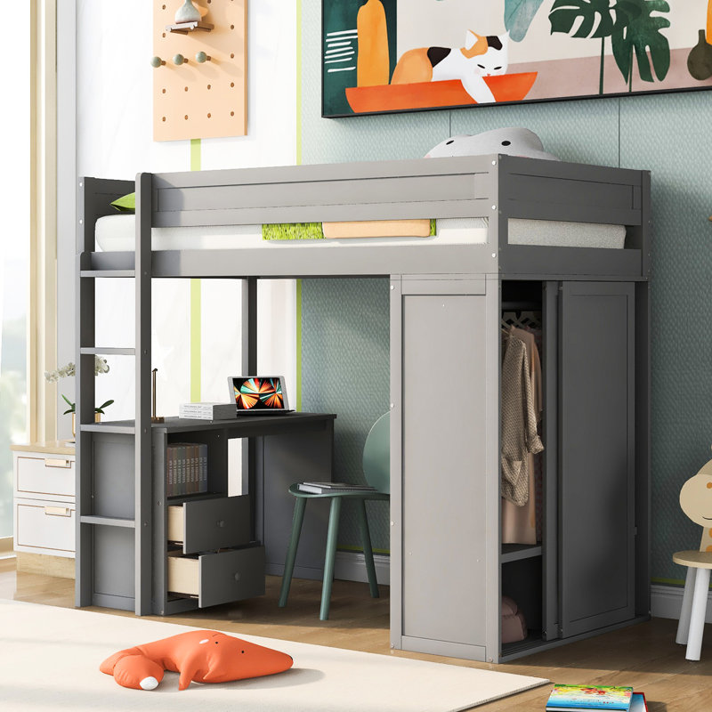 Twin Loft Bed With Wardrobes, 2 Desk And Cabinet, Gray Fire Modern Wardrobes Look, Twin, Gray