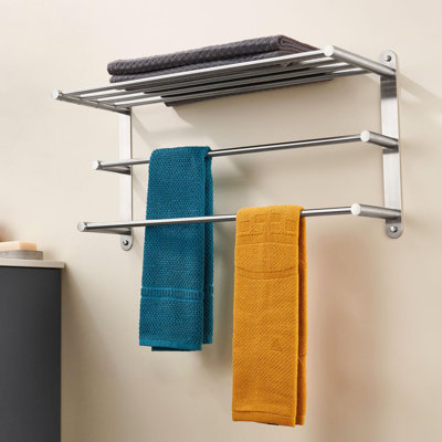 Wall Mounted Double Towel Bar with Shelves Bathroom Towel Rack