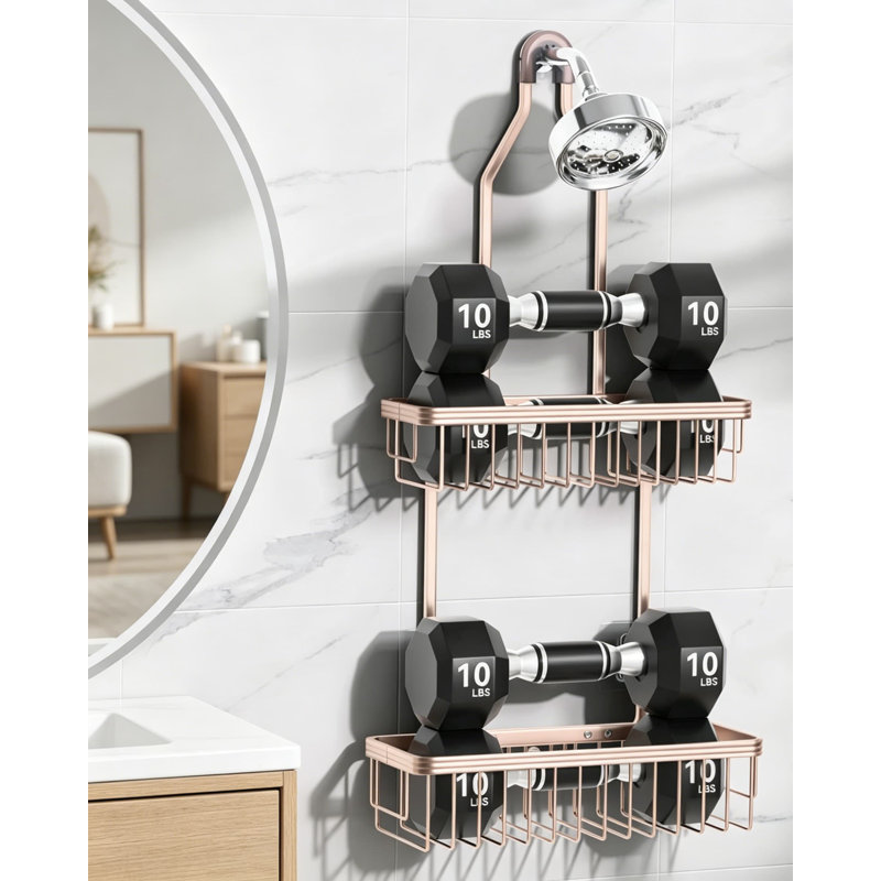 Never-Rust Aluminum Shower Caddy Hanging Organizer With Hooks, Soap Holder, 2-Tier Bathroom Storage Rack For Inside Shower, Anti-Slip Design Fits Most Showerheads, Rose Gold