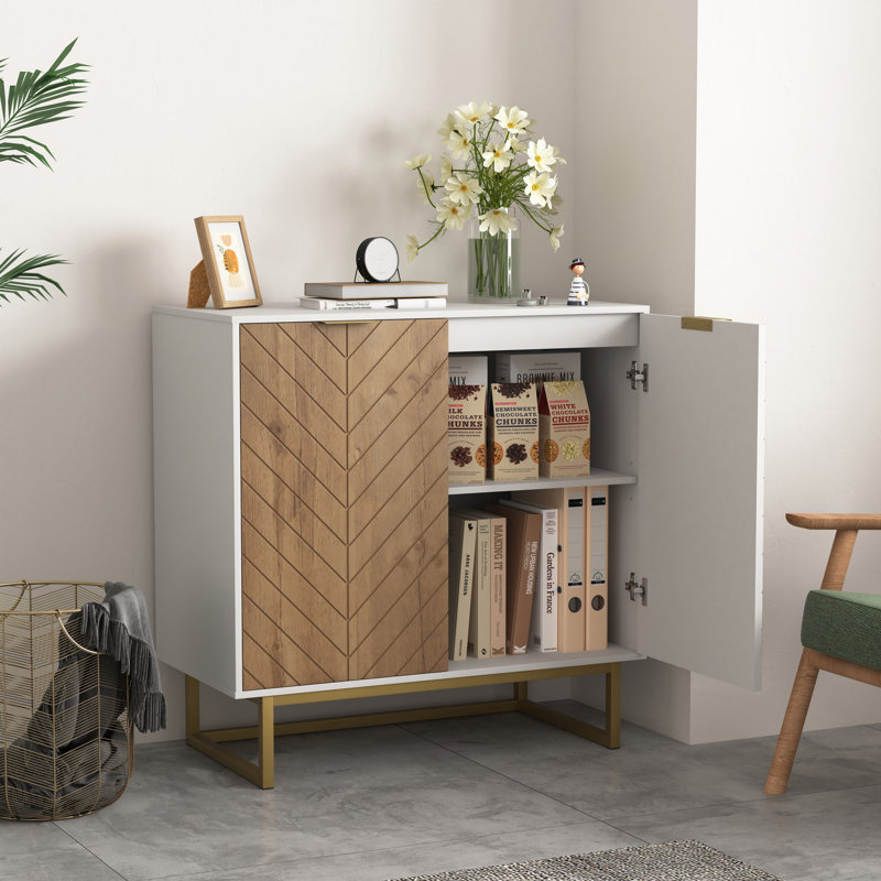Latitude Run® White And Gold Storage Cabinet With 2 Doors, Modern Buffet Sideboard Cabinet, Kitchen Buffet Cabinet With Storage Sideboard Buffet For Living Room