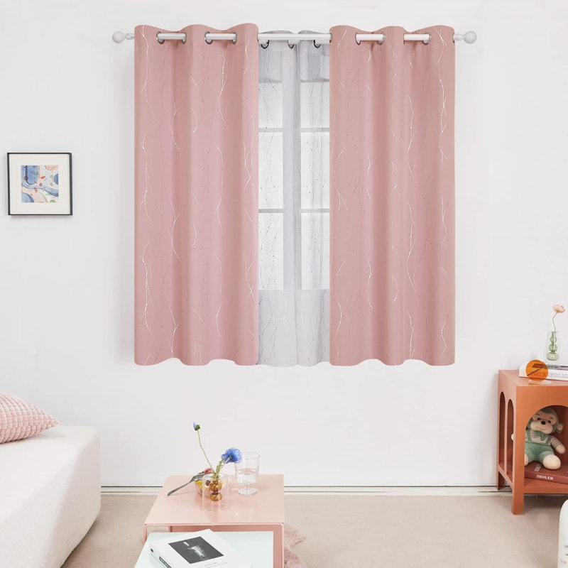 Blackout Grommet Silver Pattern Printed Curtains, , 42" W x 45" L, Pink