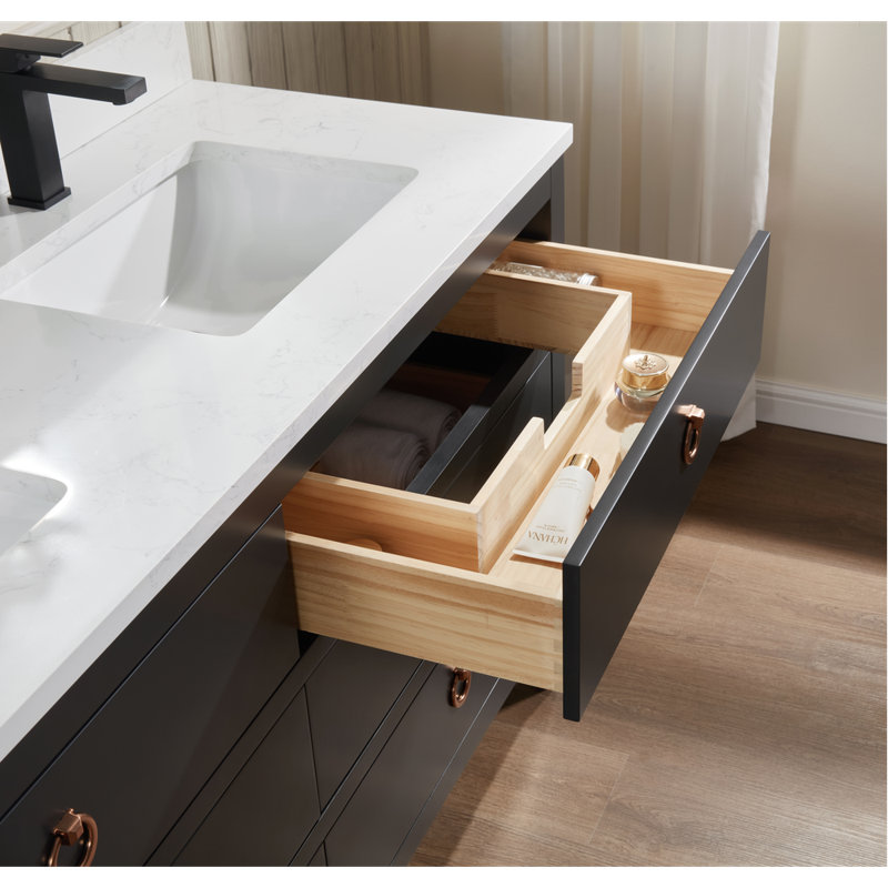 60" Solid Wood Sink Vanity With 1" Artificial Stone Top, Tricorn Black, Rose Gold