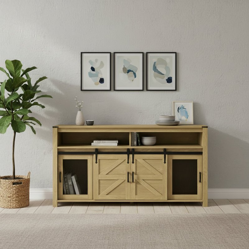 Simple And Natural Open Storage Sideboard With Farmhouse-Style Sliding Barn Door And Mesh Panel. Suitable For Living Room, Balcony, Kitchen, Office, And Hallway.