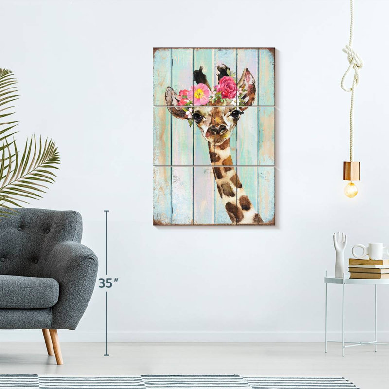 Girafe, couronne florale sur toile 3 pièces par Daisy A, H 57 po x l 36 po x P 1,25 po