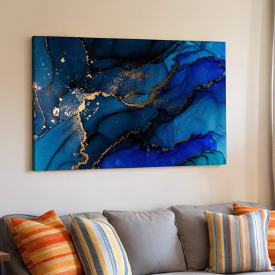 Toile vue de près d'une surface minérale texturée avec art mural bleu marine foncé et tons de bleu royal riches entrecoupés d'art mural sur toile