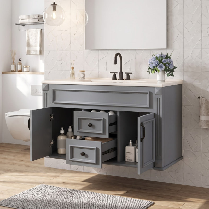 Armoire de salle de bain murale avec lavabo en céramique et style simple français, Gris