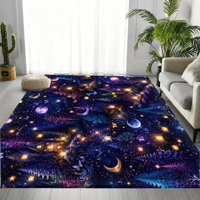 Tapis Enchanted Forest Night Sky, motif céleste de lanterne étoile de lune, tapis antidérapant lavable à la machine, décoration intérieure fantaisiste pour salon, chambre à coucher, salle de loisirs, bureau, appartement, dortoir