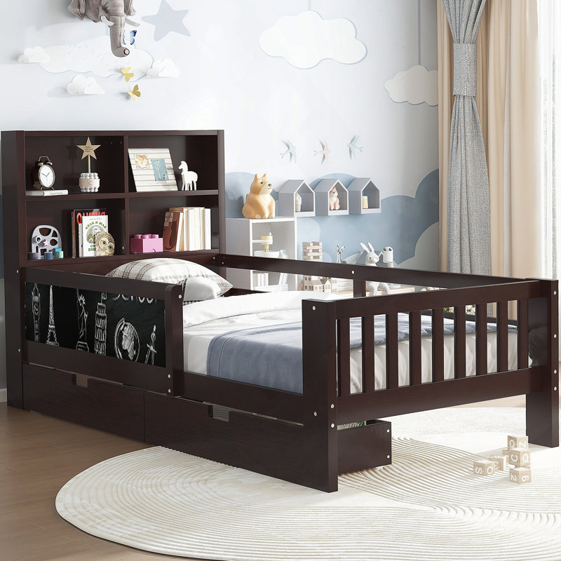 Lit plateforme simple avec tableau noir, lit plateforme en bois massif avec tiroirs et tablettes de rangement, conception amusante et peu encombrante, espresso