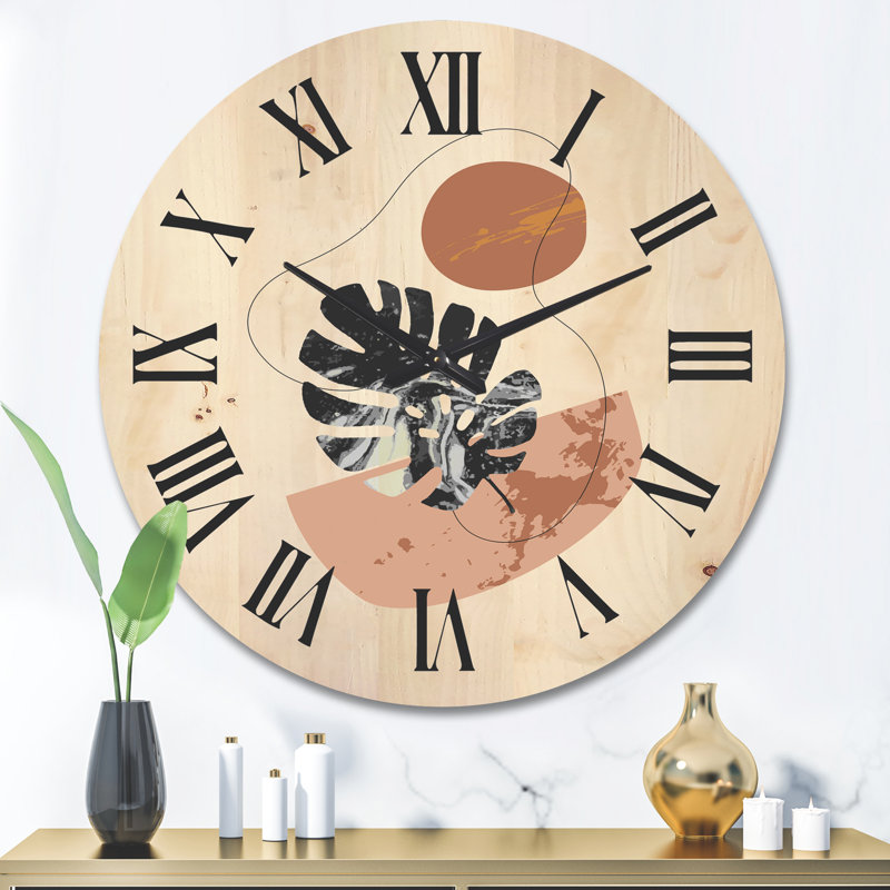 Horloge murale en bois à formes abstraites et feuilles de Monstera tropicales, Très grand