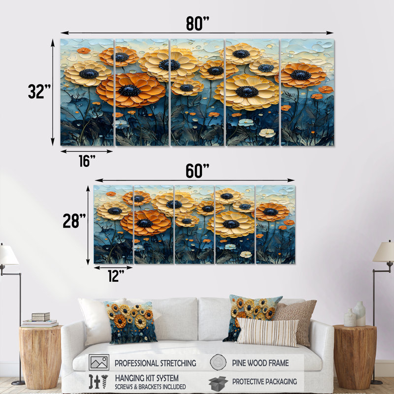 Motif géométrique de souci champêtre I - souci Marigold - art mural traditionnel, H 28 po x l 60 po