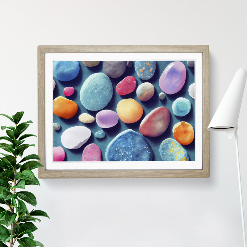 Captivating River Pebbles - Single Picture Frame Print, 34cm H x 46cm W x 2cm D, Oak