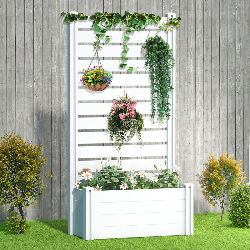 Boîte à fleurs d'extérieur rectangulaire blanche en vinyle avec treillis pour plantes grimpantes d'extérieur