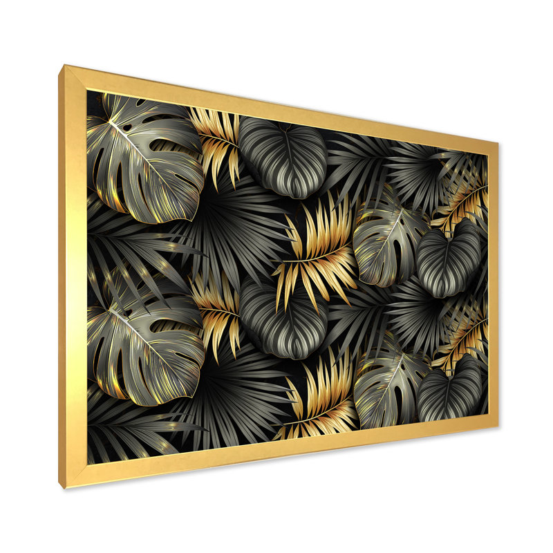 «Black and Gold Tropical Leaves II», impression sur toile, H 24 po x l 32 po x 1,5 po, Toile encadrée d'or