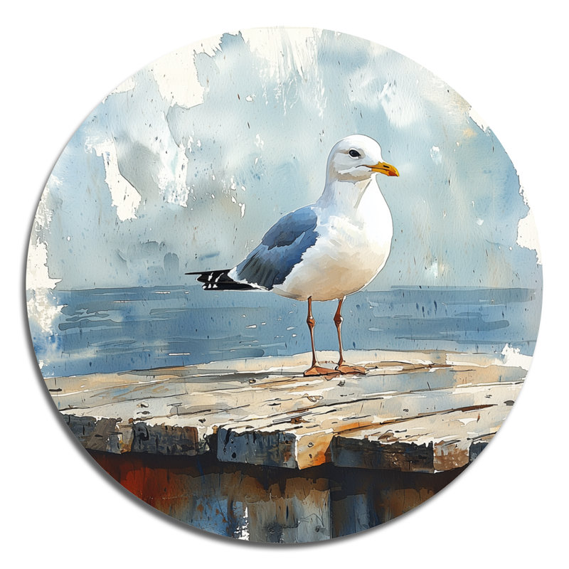 Mouette sur le quai II - reproduction d'art moderne en métal blanc, oiseau rond, décoration murale en métal
