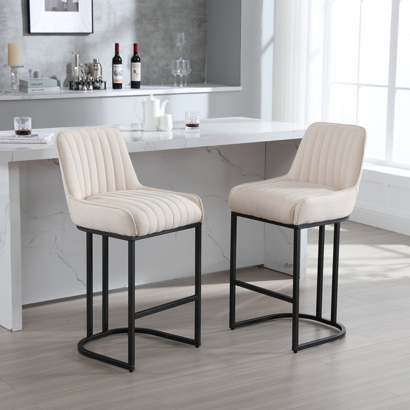 Beige Velvet Upholstered Counter Stools with Gold Metal Base, Set of 2