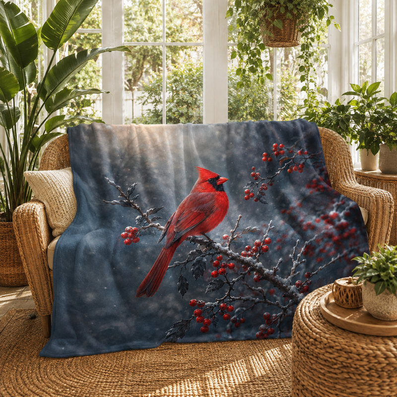 Jeté Cardinal Frosted Berry, oiseau rouge unique sur des branches enneigées sur fond gris foncé