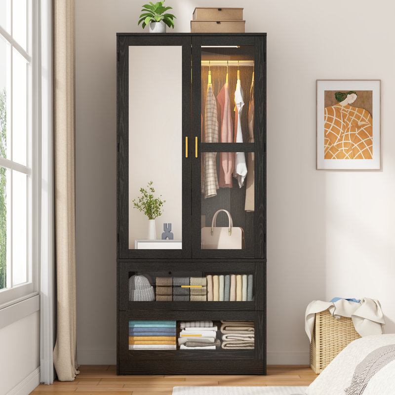 2-Door 71" H Armoire With LED Sensor Light, Acrylic Mirror, Drawers And Hanging Rod, Black