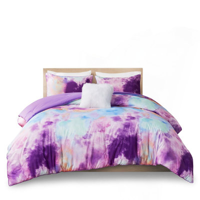 Queen Watercolor Tie Dye Printed Comforter Set With Throw Pillow