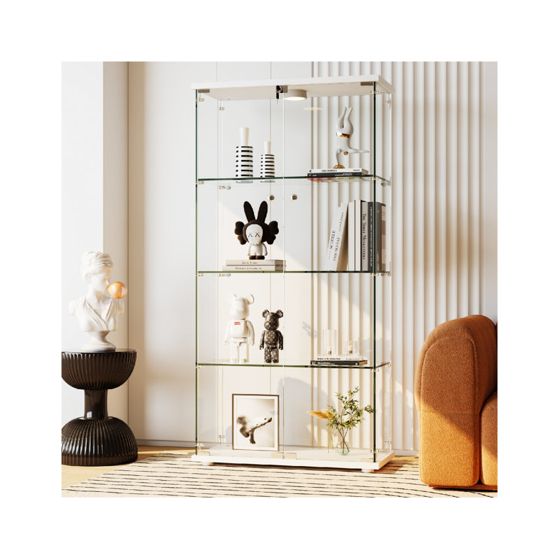 Vitrine moderne en verre 4 tablettes doubles en verre trempé avec serrure 13 lumières DEL DEL Motion DetectQuickInstall