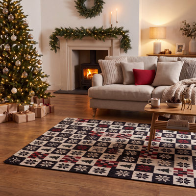 Tapis de Noël d'entrepôt, moderne, géométrique, rouge et blanc, antidérapant, à poils courts, pour intérieur et extérieur, adapté aux animaux domestiques, salon, chambre, salle à manger, entrée, corridor, bureau, tapis de Noël, paillasson de Noël, lavable