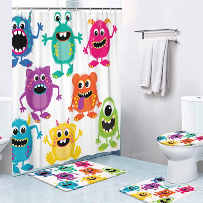 Monster Splash Kids Shower Set: 4-Piece Waterproof Curtain, Non-Slip Rugs, Lid Cover & Bath Mat - Cute Cartoon Fluffy Monsters, 12 Hooks, Bathroom Decor