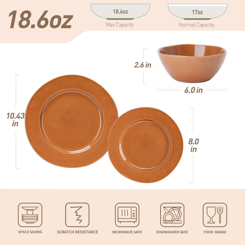  12 piece Stoneware Dinnerware Set - Service for 4, Brown