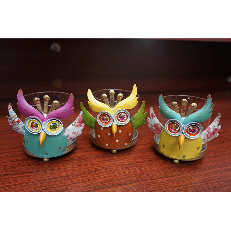 Ensemble de porte-bougie en verre/métal 3 pièces hibou